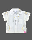 Boys 2-piece cotton casual co-ord set featuring a short-sleeve collared printed shirt and matching shorts in white with pastel yellow and grey hot air balloon prints