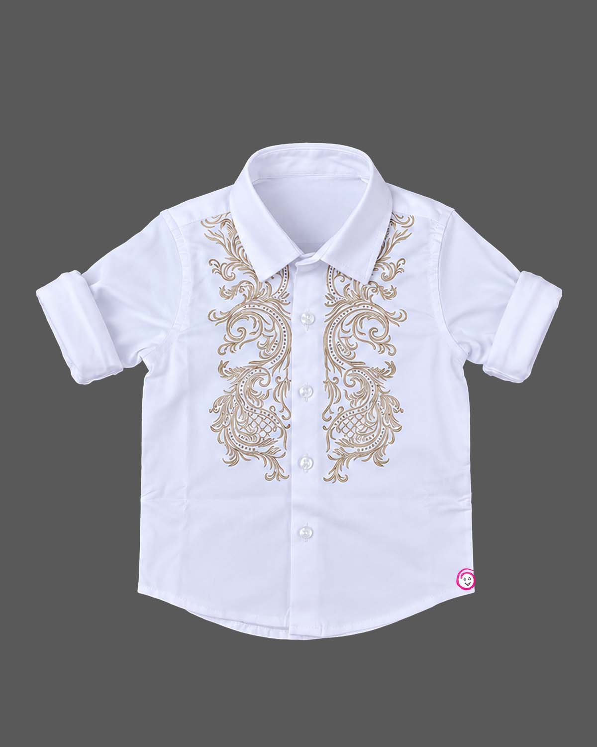 Embroidered button-down party wear for boys with front embroidery motifs and roll-up sleeves.