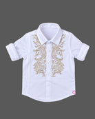 Embroidered button-down party wear for boys with front embroidery motifs and roll-up sleeves.