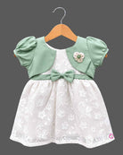 Baby girl casual gown frock with attached jacket layer lace design bow detail and floral brooch