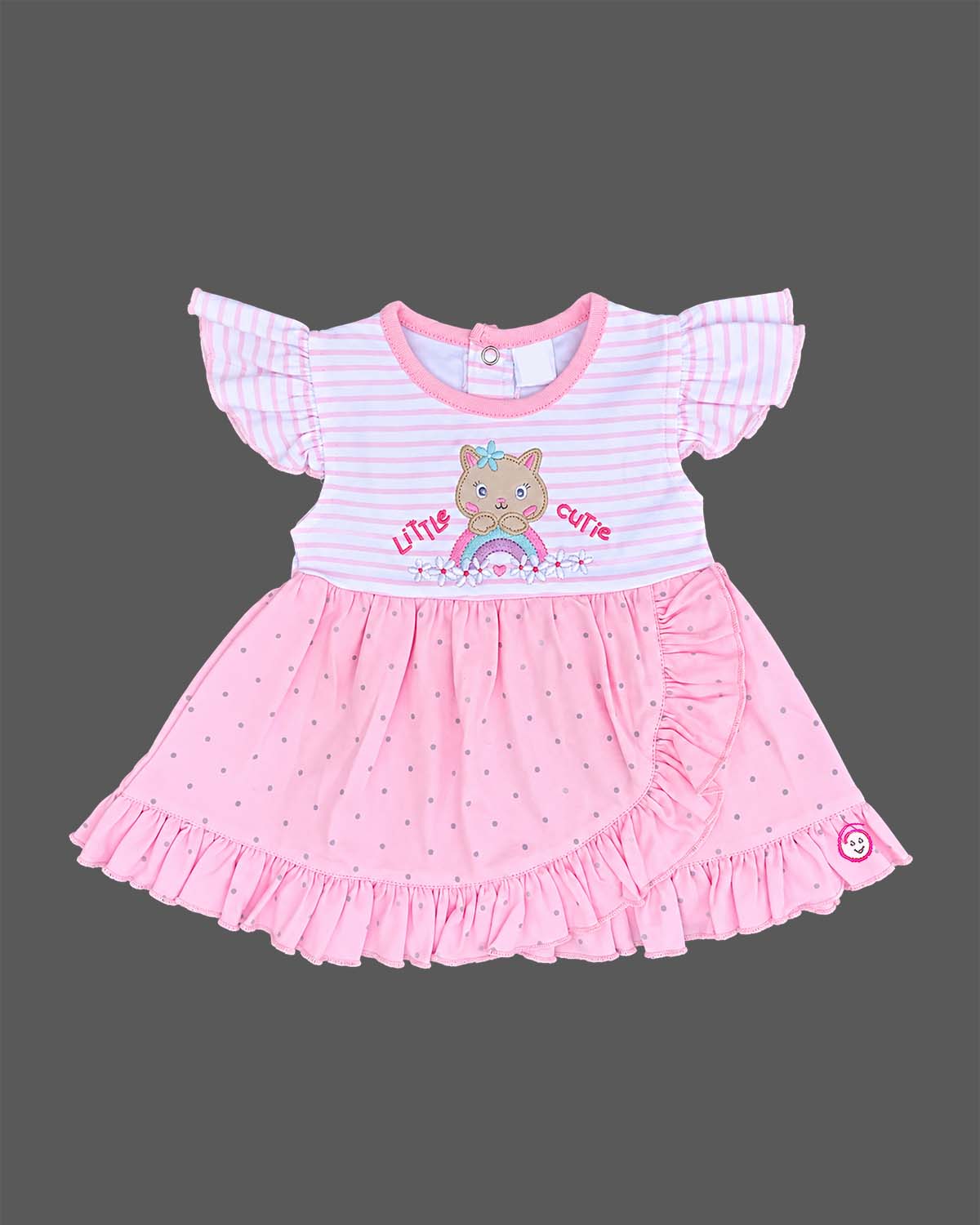 Pink striped and polka dot infants frock with frill sleeve and kitty applique