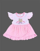 Pink striped and polka dot infants frock with frill sleeve and kitty applique