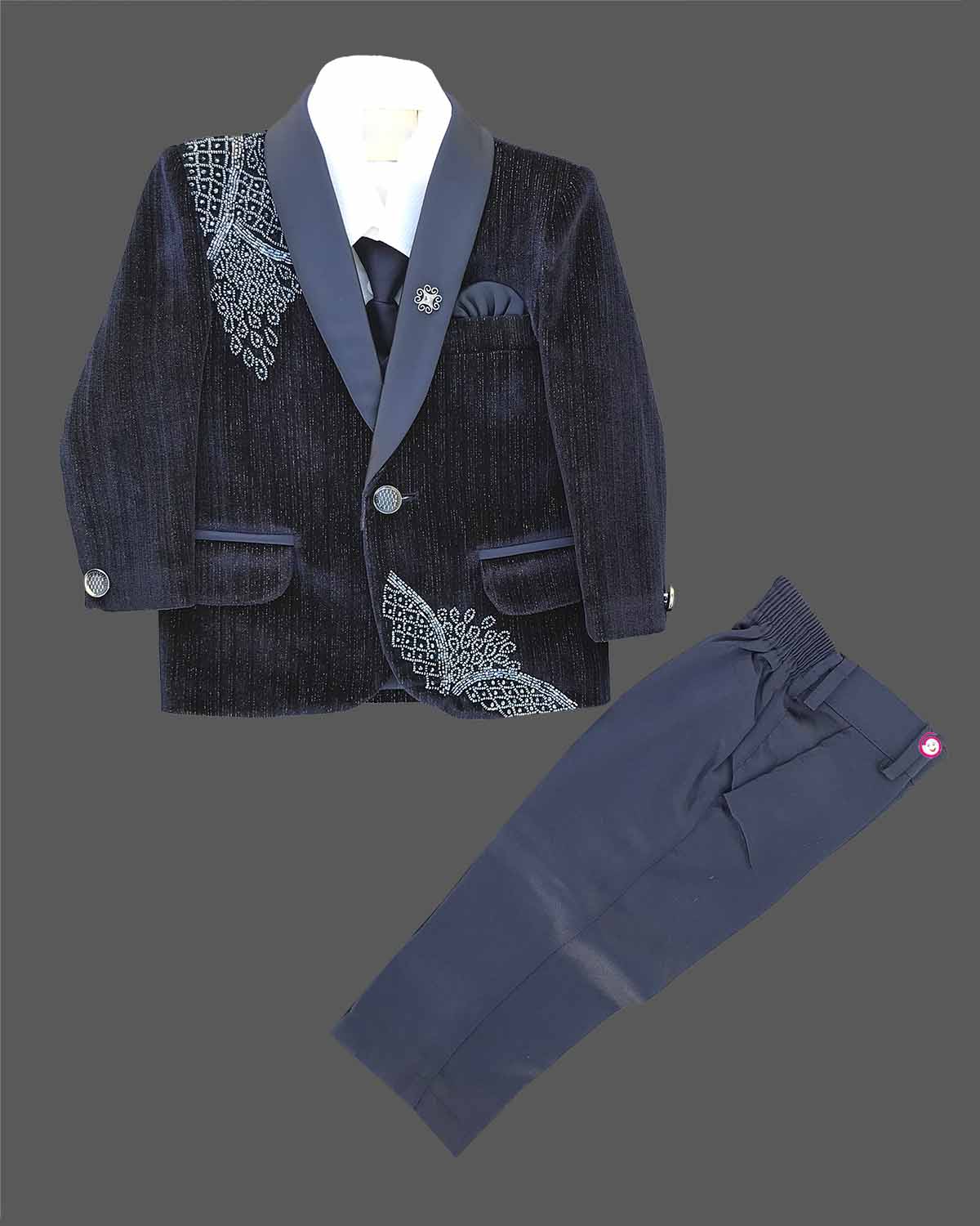 Boys embellished velvet tuxedo blazer coat suit set with tie and trousers for birthday parties and evening receptions.