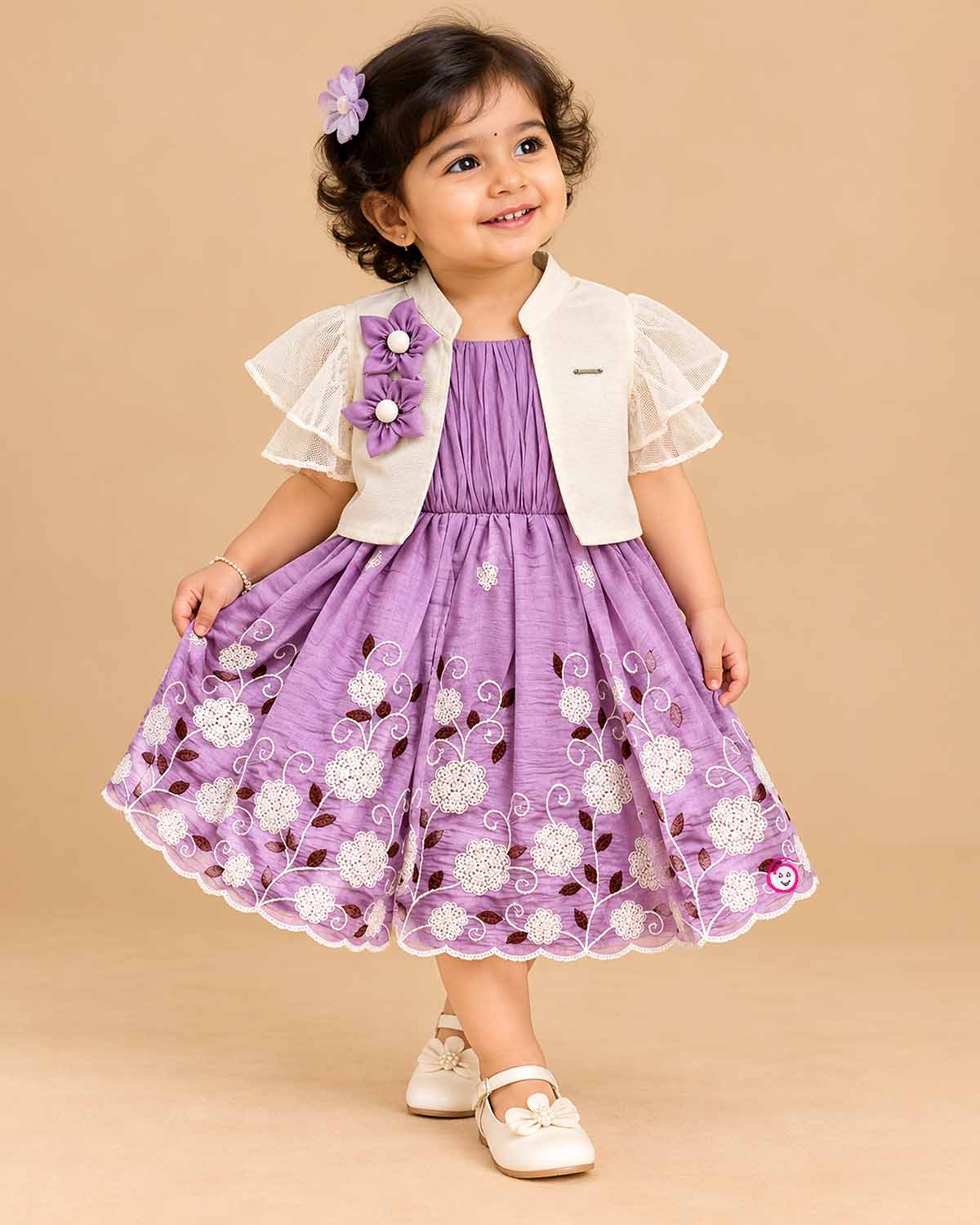 Silk frocks for baby girl with floral embroidery and tiered jacket