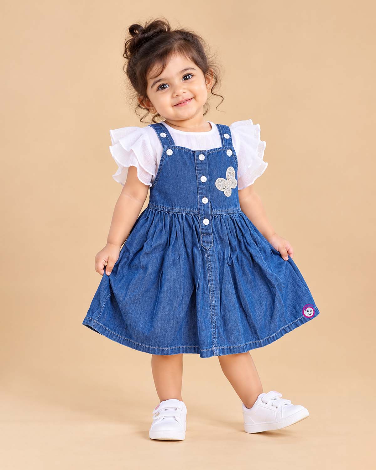 Toddler girl flutter sleeve top pinafore set with butterfly applique and gathered denim skirt.