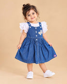 Toddler girl flutter sleeve top pinafore set with butterfly applique and gathered denim skirt.