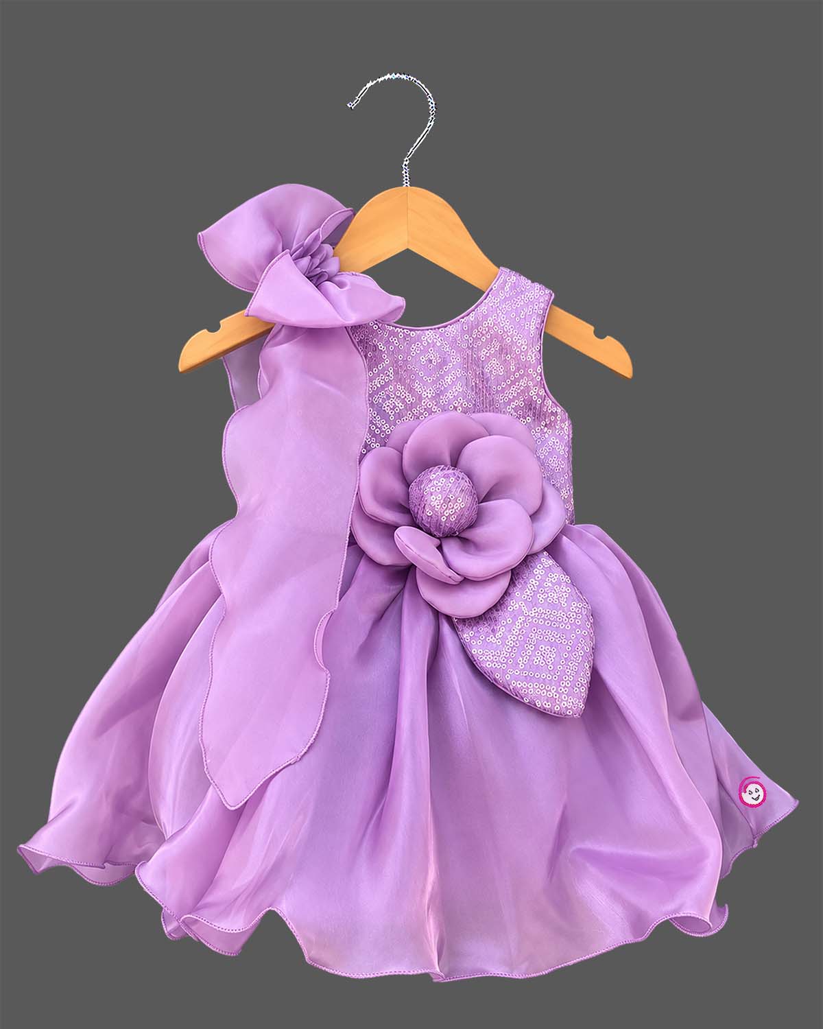 Lavender sequin net toddler party frock with big shoulder bow and flower accent for girls