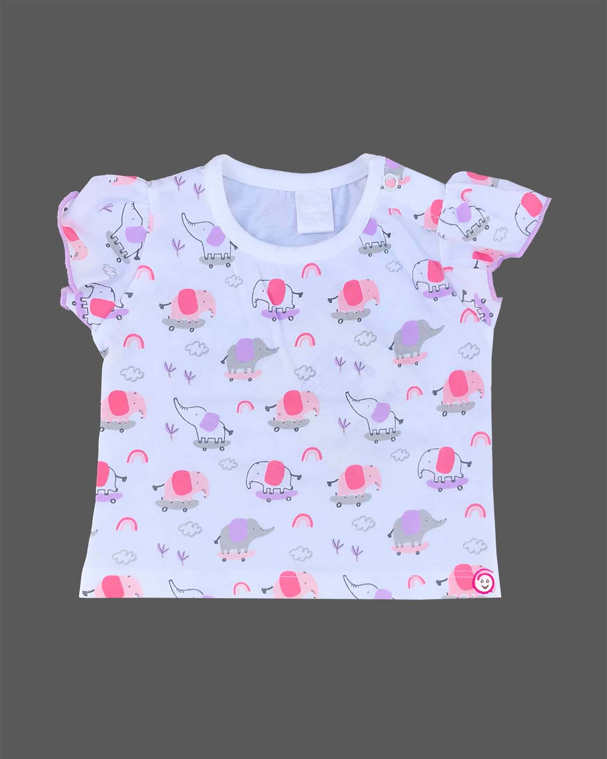 Lavender purple baby girl pinafore dress with I Love Mom elephant embroidery and pink frill sleeve elephant print top