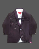 Boys deep formal tuxedo blazer with sequin embellishments, satin, bow tie, paired with elastic waist formal pant