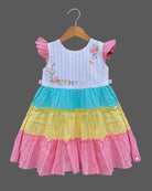 Multicolor pastel tiered cotton frock with flutter sleeves and bodice floral embroidery for girls