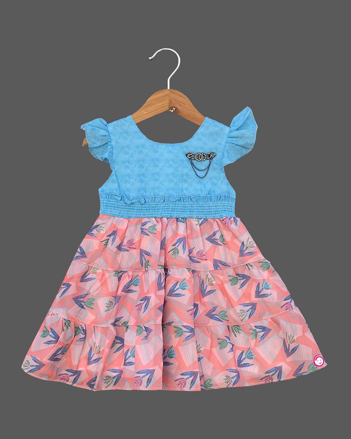 Girls leaf printed casual frock - Blue