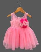 Sleeveless fairy-tale celebration attire for toddlers featuring layered net flare and handcrafted floral bodice appliques.