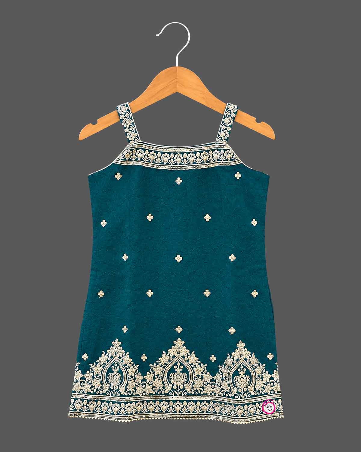 Embroidered tunic kids sharara set with square neckline, tiered flared pants, and sheer dupatta