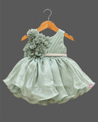 Layered organza silk frocks for baby girl featuring 3D floral bodice corsage and pleated satin bodice.
