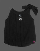 Girls tie shoulder sleeveless top with bow strap detail and charm accent, trendy girlish party wear dress alternative.