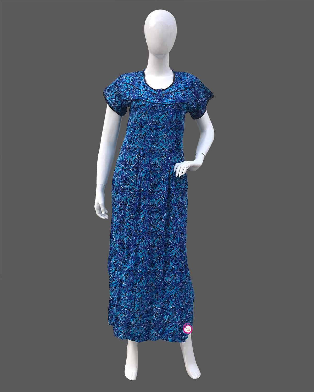 Maternity overall floral printed half sleeve nighty with side zip - Royal Blue