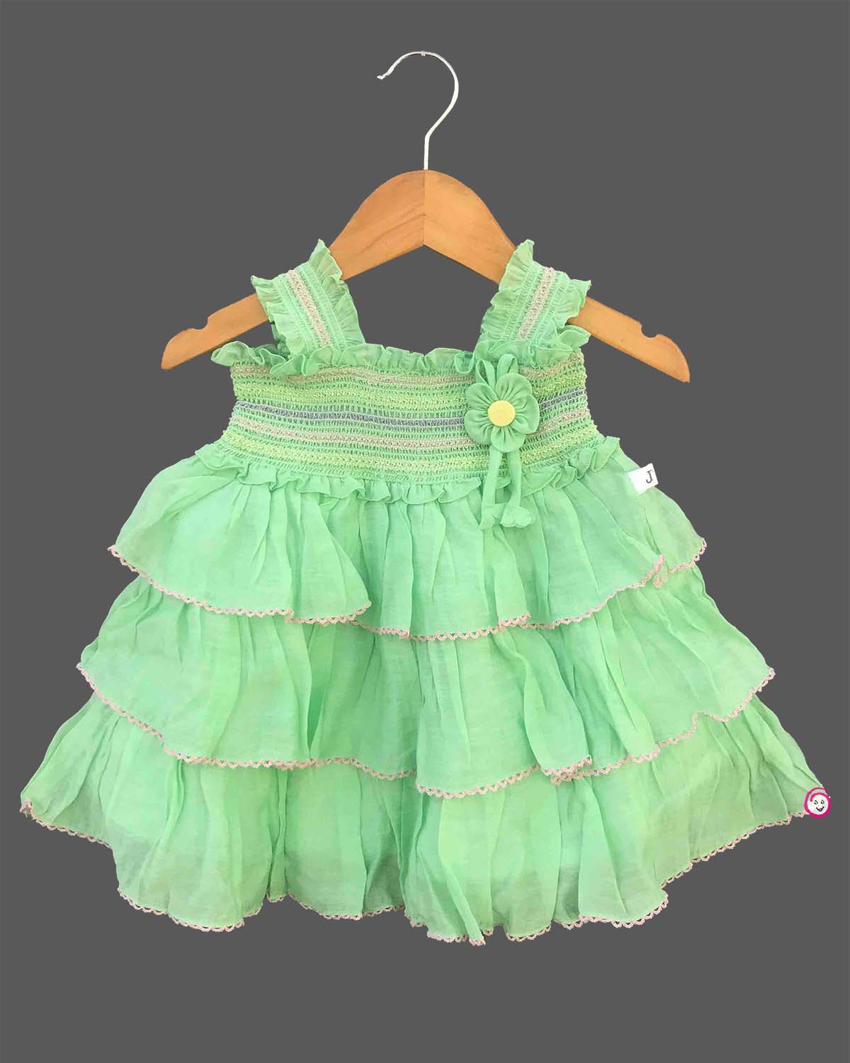 infant girls sleeveless smocked bodice tiered ruffle cotton frock with flower applique