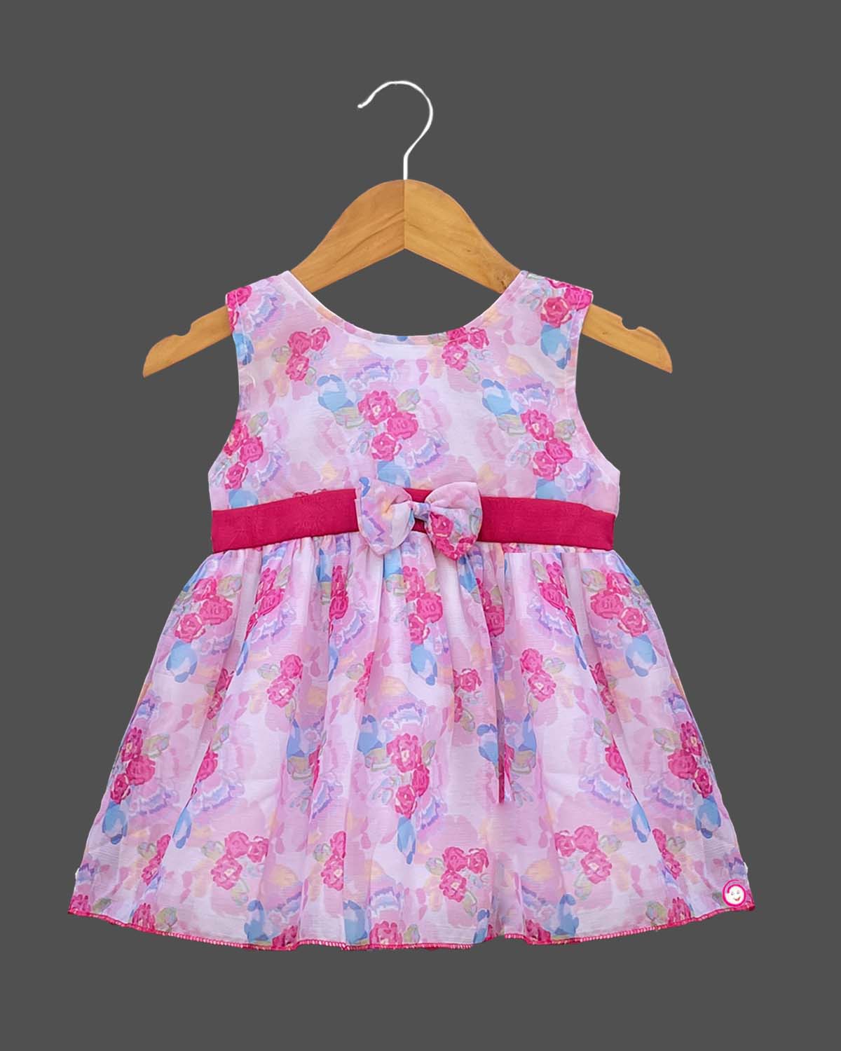 Girls full printed with casual frock - Dark Pink 