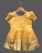 Toddler yellow cotton silk frock with border for festive wear