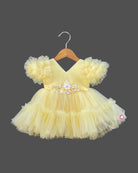 Girls party wear puff sleeve with frock - Light Yellow