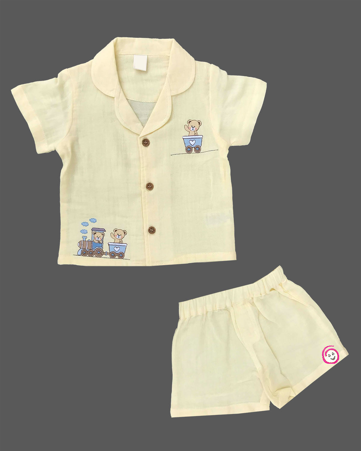 Little explorer button down short sleeve shirt and shorts set with cute train embroidery for toddlers
