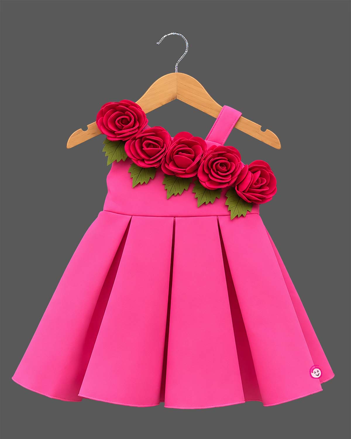 Girls floral applique box pleated party frock with asymmetrical shoulder strap and flared skirt