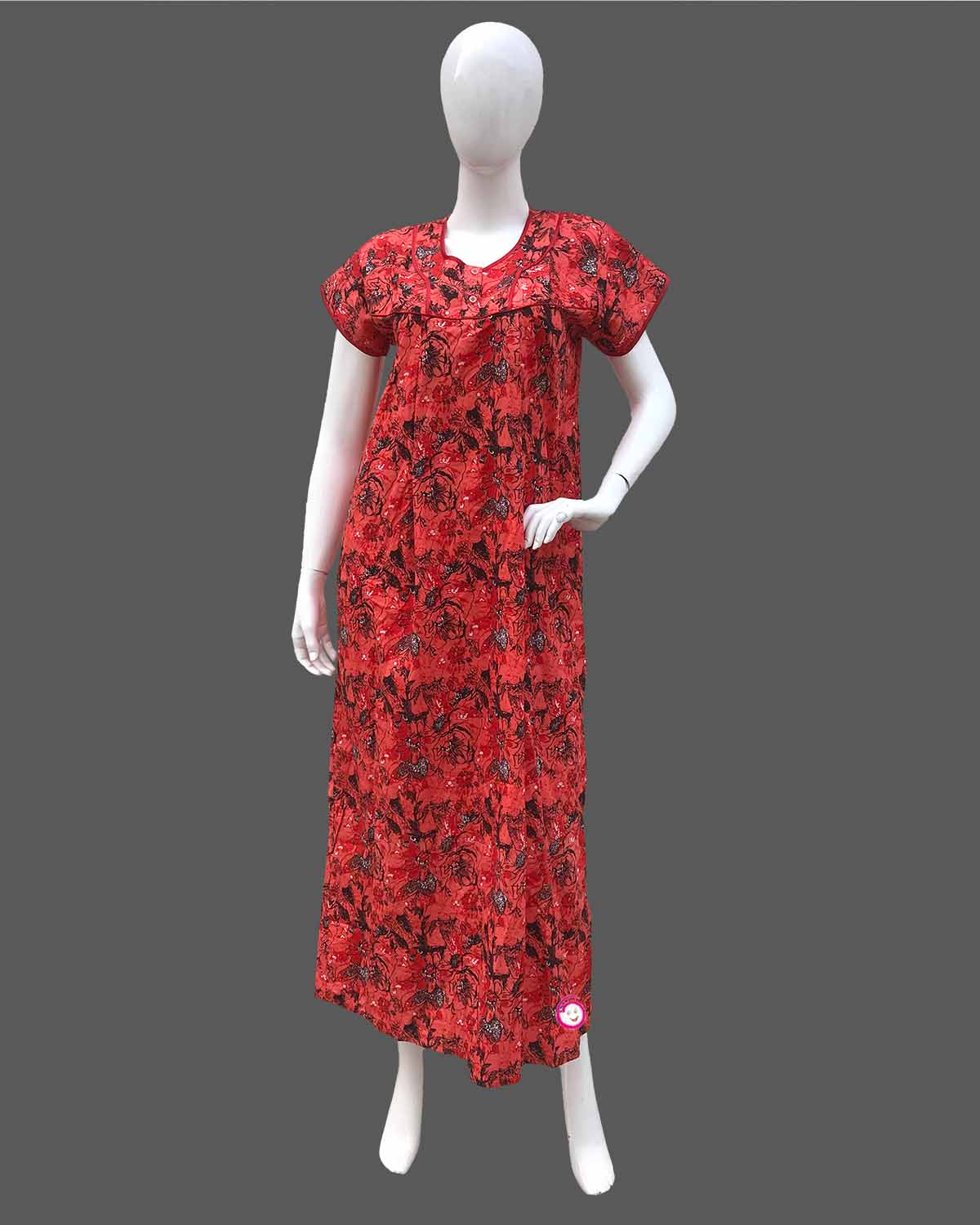 Maternity overall floral printed half sleeve nighty with side zip - Pastel Red