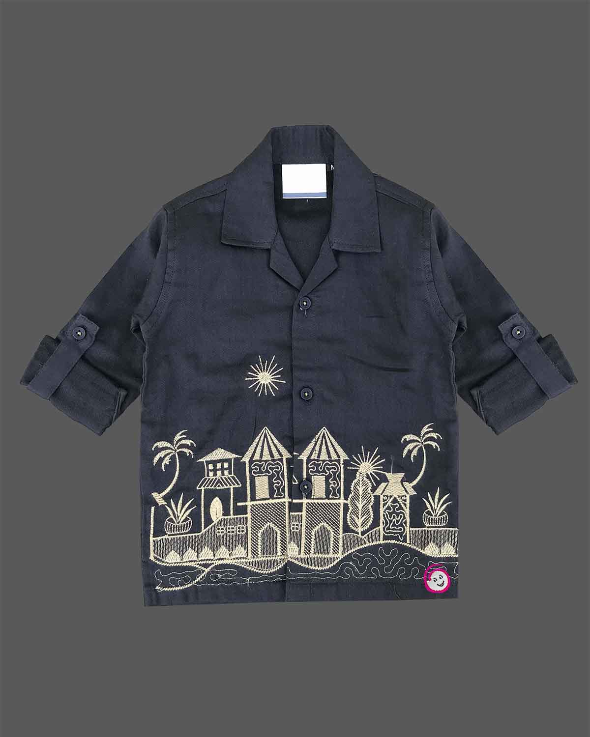 Boys linen shirt and pant set with landscape embroidery and cargo pockets