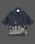 Boys linen shirt and pant set with landscape embroidery and cargo pockets