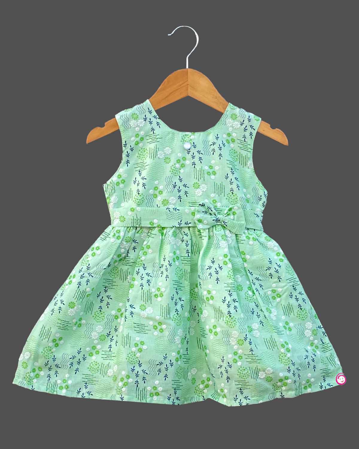 Girls bow design with casual frock - Pista Green