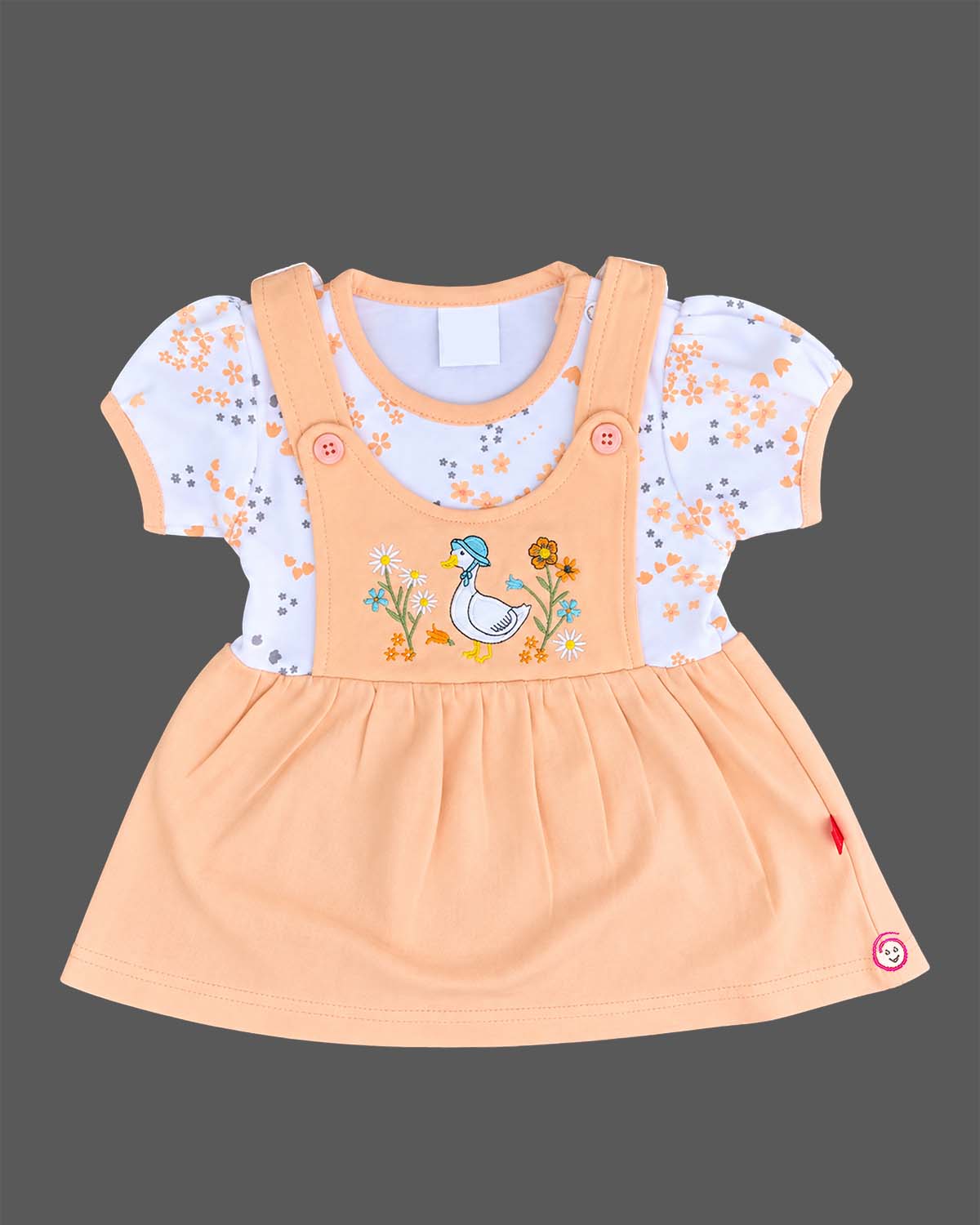 Floral print  layered infants frock with duck embroidery on front bib