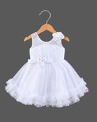 Girls tulle tiered fit and flare frock with floral applique waist belt and ruffle hem