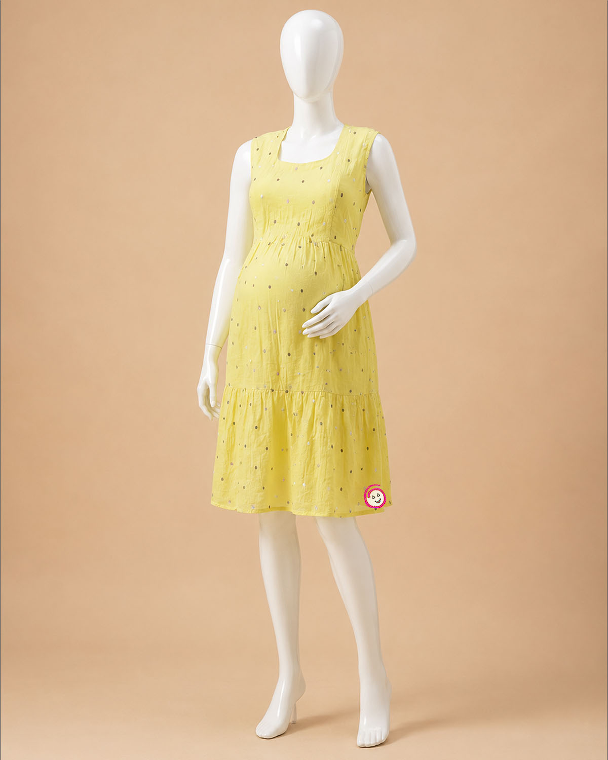 Maternity cotton sleeveless nursing dress with foil print dots and tiered hem