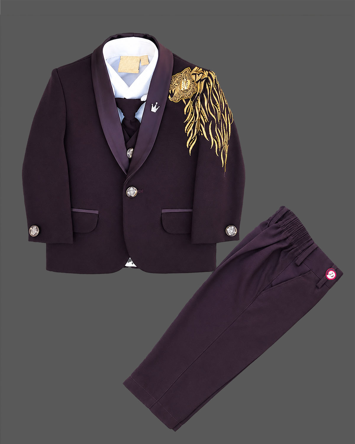 Boys wine designer tuxedo suit set featuring a shawl collar blazer with intricate gold shoulder embroidery, shirt, waistcoat, tie, and matching formal pant