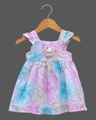 Baby girl schiffli embroidered cotton casual frock with ruffle shoulder straps and chest patch detail