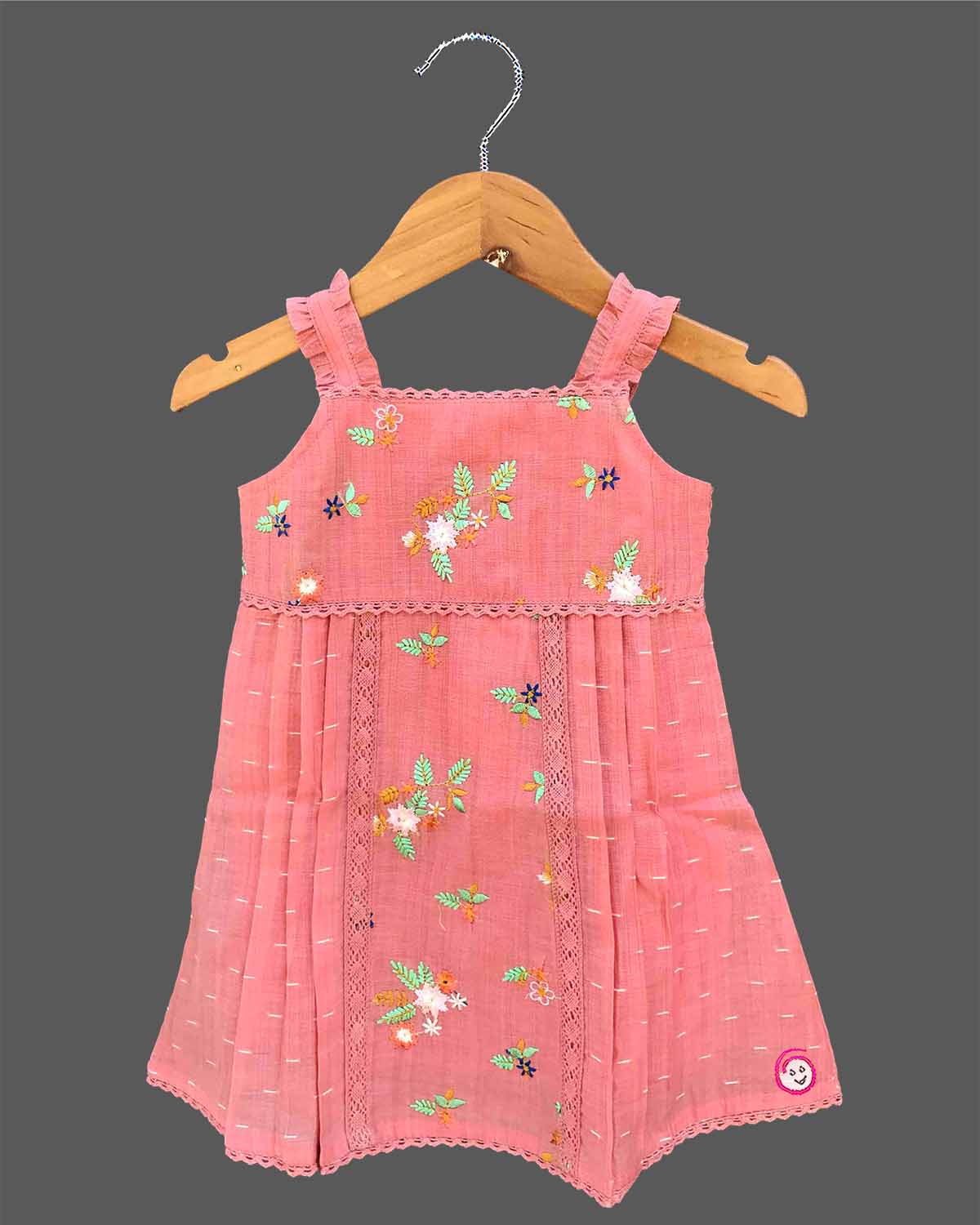 Little girl embroidered slub cotton frock with ruffled straps and lace trims for birthday party and family event