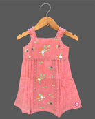 Little girl embroidered slub cotton frock with ruffled straps and lace trims for birthday party and family event