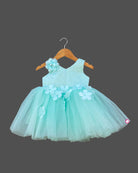 Girls ruffled with floral applique partywear frock - Sea Green