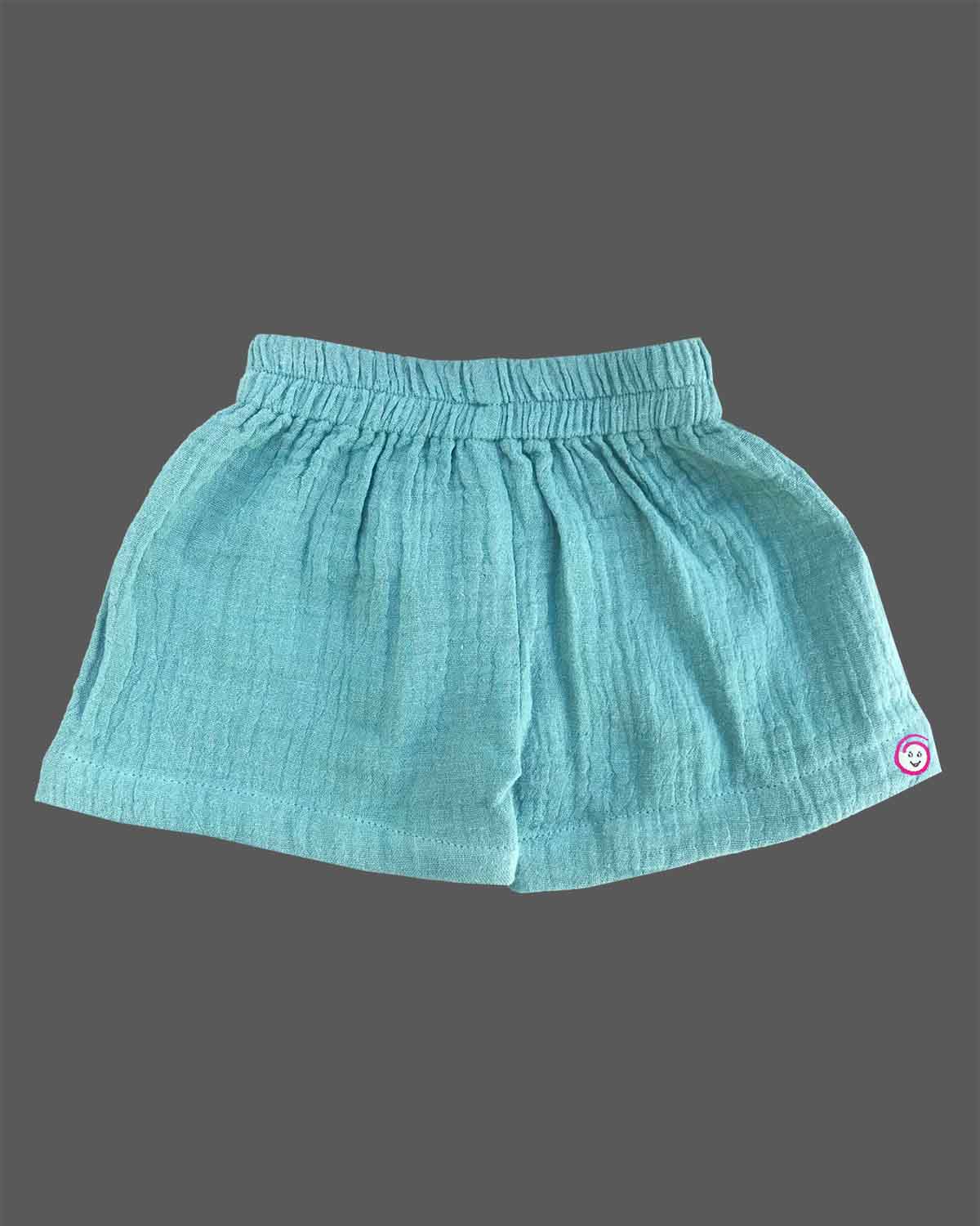 Teal sea green premium cotton muslin short sleeve button down shirt with pocket embroidery and matching shorts