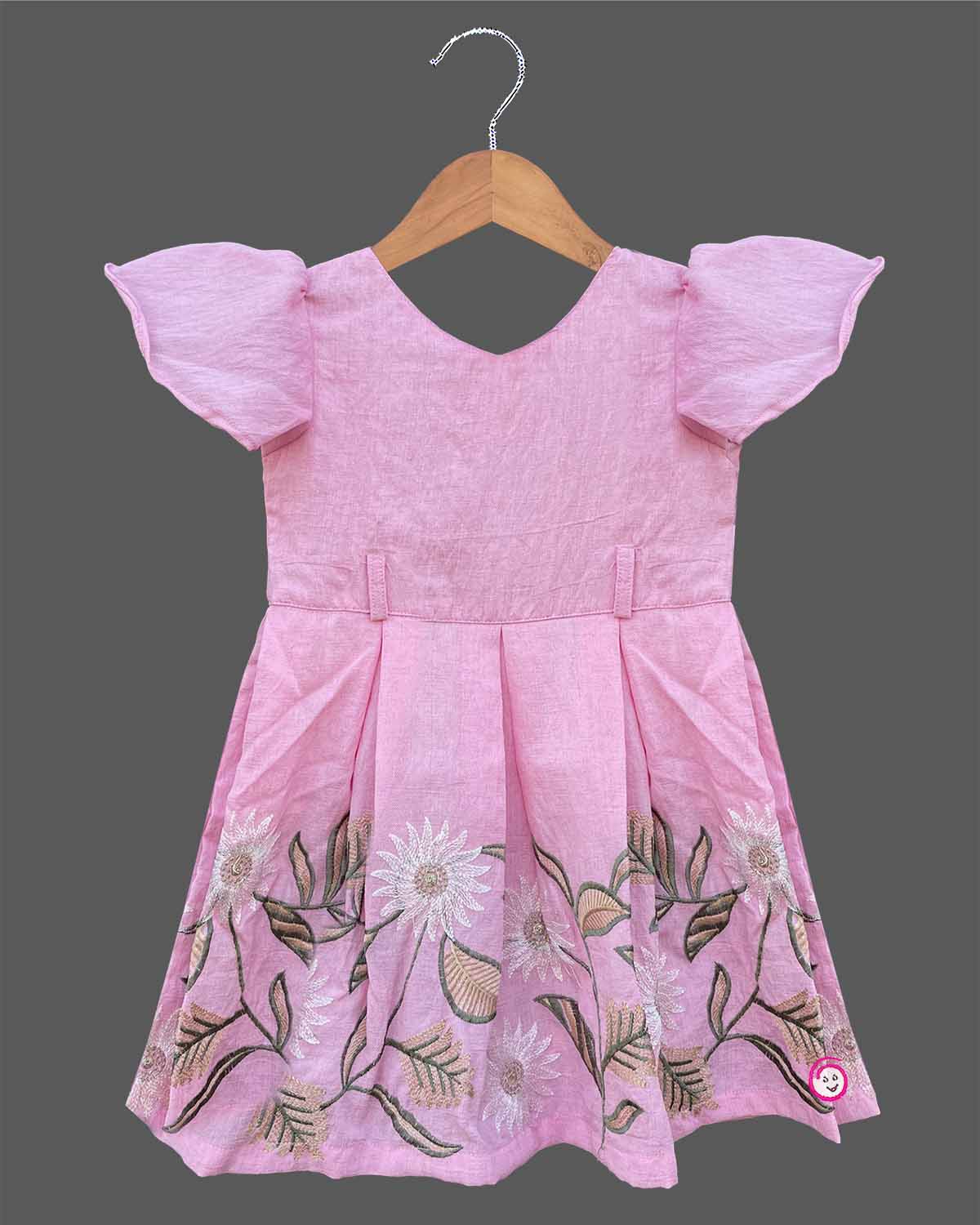 Pink cotton linen embroidered infant casual frock with butterfly sleeve