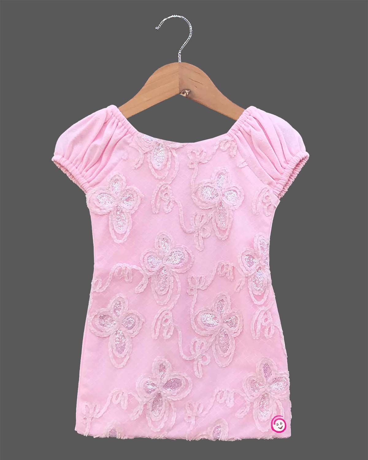 Pink floral textured applique baby girl midi dress for family dinners, evening outings, and smart casual wear