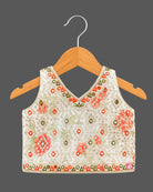 Mirror-embroidered half saree for kids set featuring V-neck choli, printed skirt, and sheer dupatta