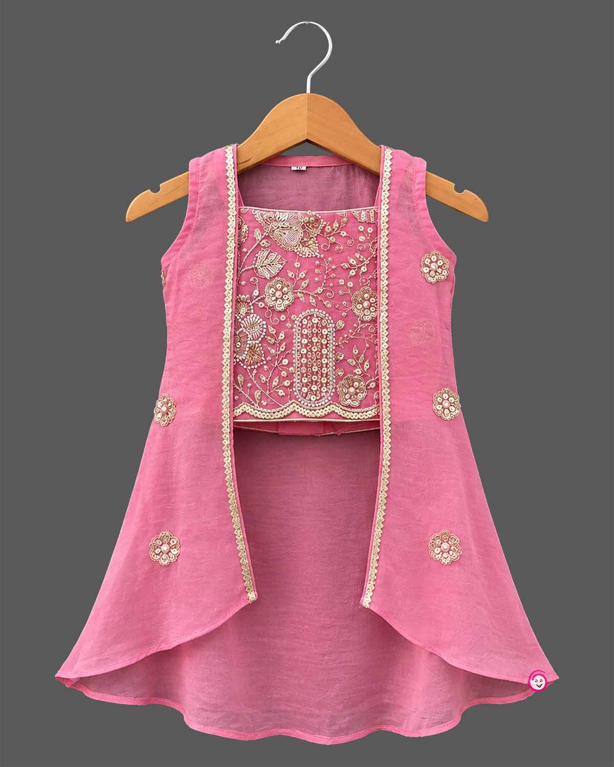 Girls pink embroidered lehenga choli set with long jacket for festive celebrations and weddings