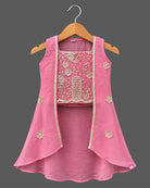 Girls pink embroidered lehenga choli set with long jacket for festive celebrations and weddings