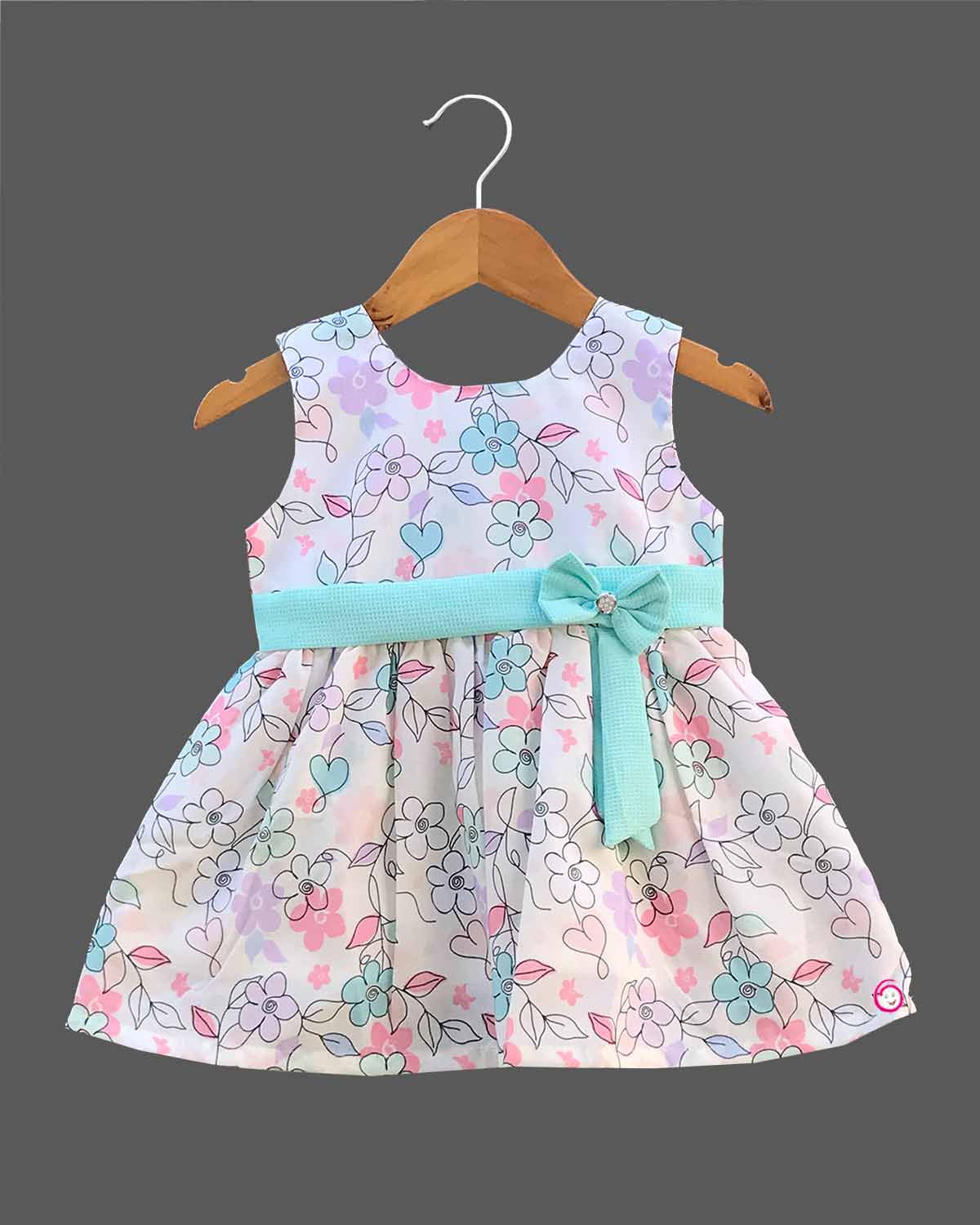 Girls flower printed with bow casual frock - Sea Green