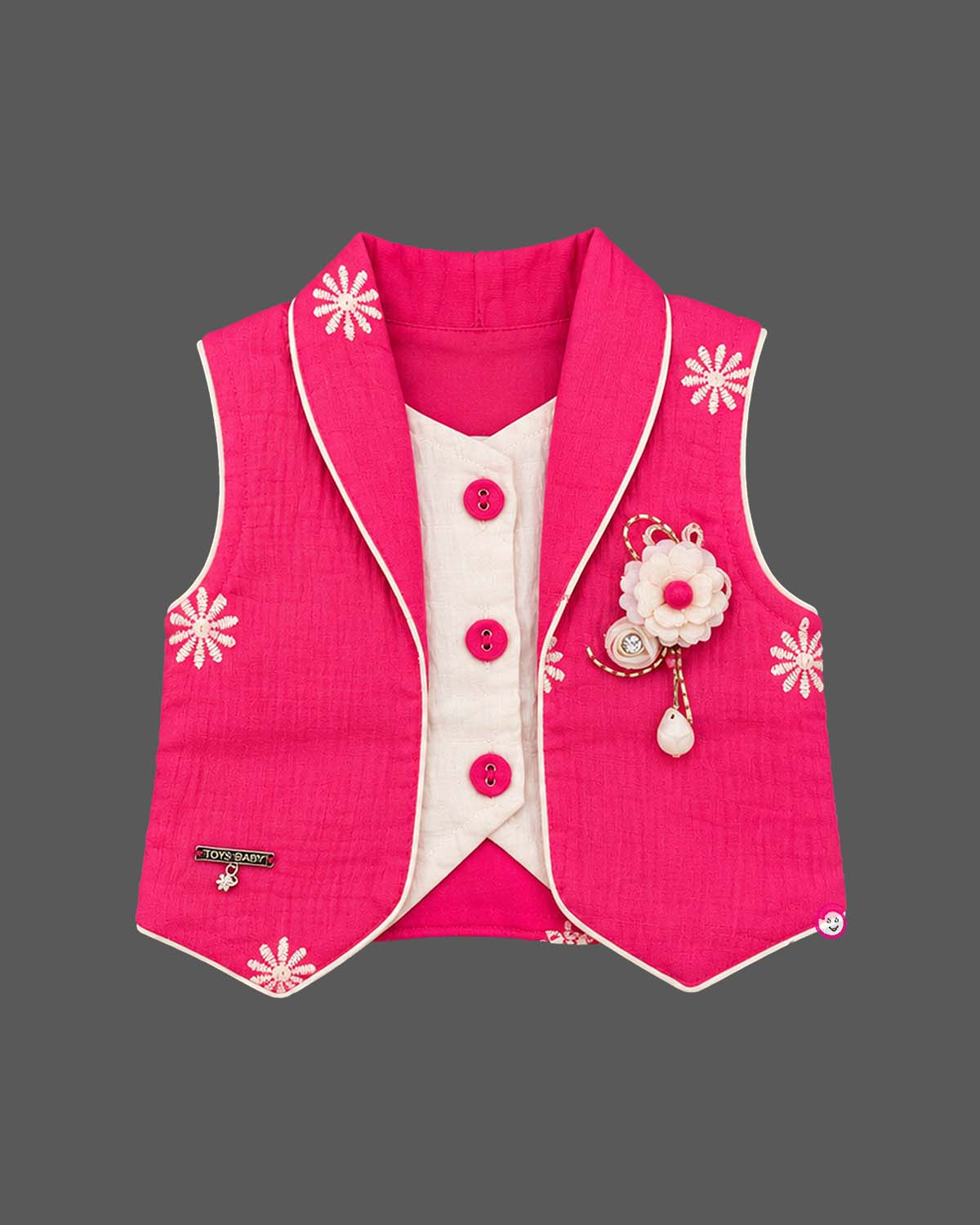Toddler girl embroidered crop top and pleated skirt set featuring floral threadwork and structured vest layer