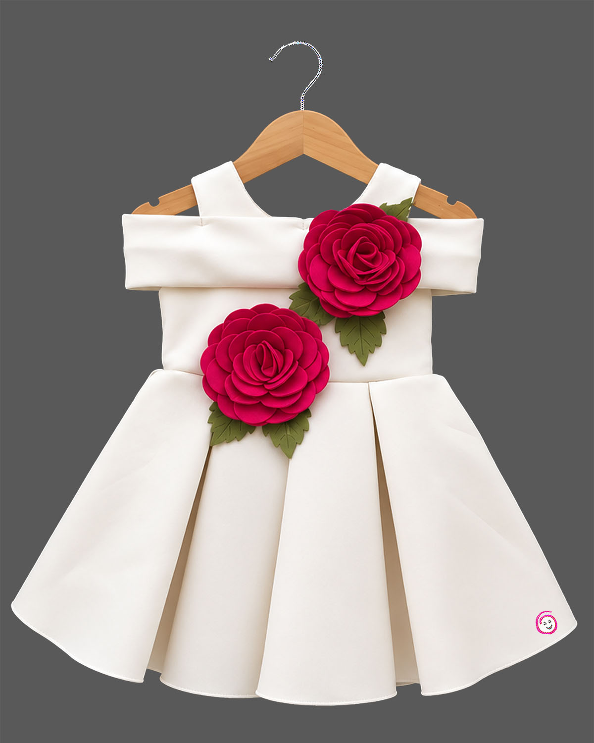 Girls cold shoulder pleated satin frock with 3D floral appliques and flared skirt for party wear.
