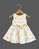Sleeveless fruit print tiered cotton frock for girls featuring floral waist appliqué and flared A-line silhouette.