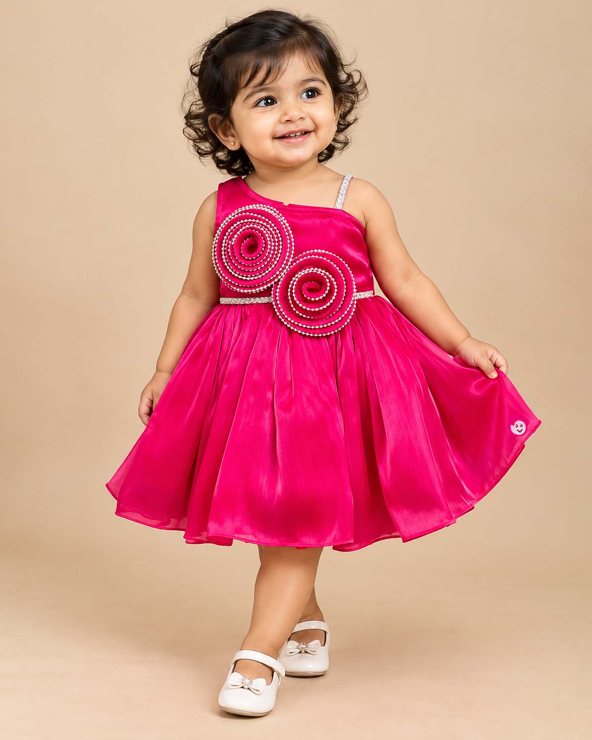 Embellished rosette baby party wear dress set with soft booties and bow headband
