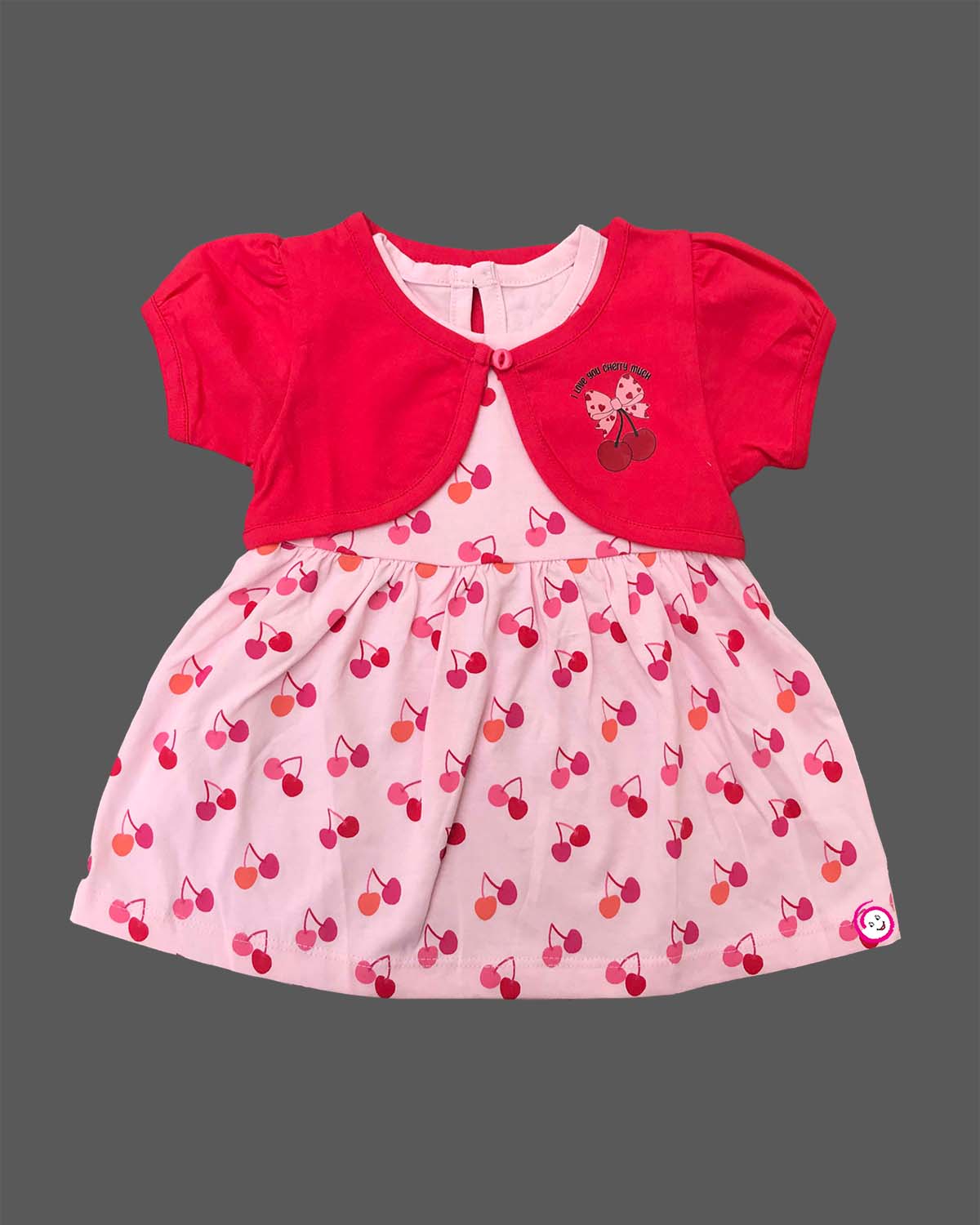 Infant cotton frock with short sleeves and cherry print for casual wear